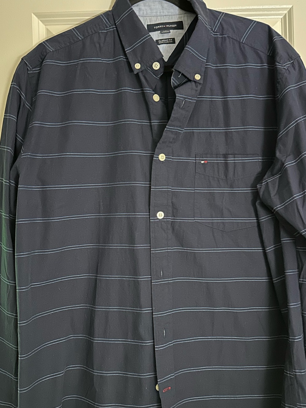 Tommy Hilfiger Navy Button-Down Shirt with Light Blue Stripes